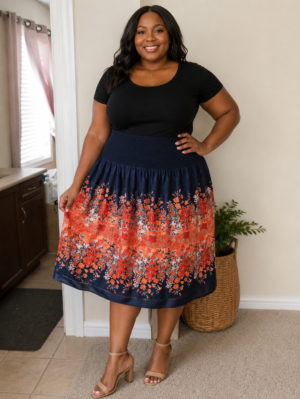 Women’s Navy Blue Floral Gatthered Skirt